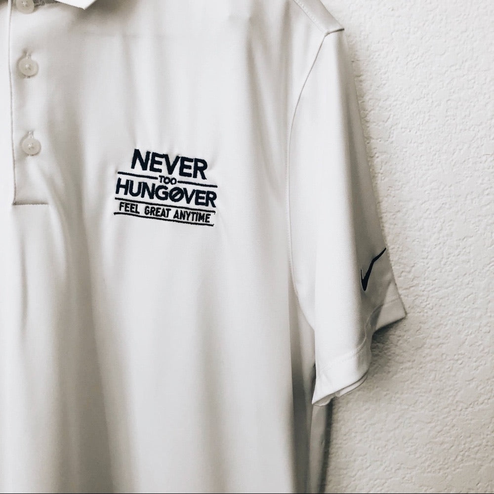 White & Blue Nike “Never Too Hungover” Golf Top