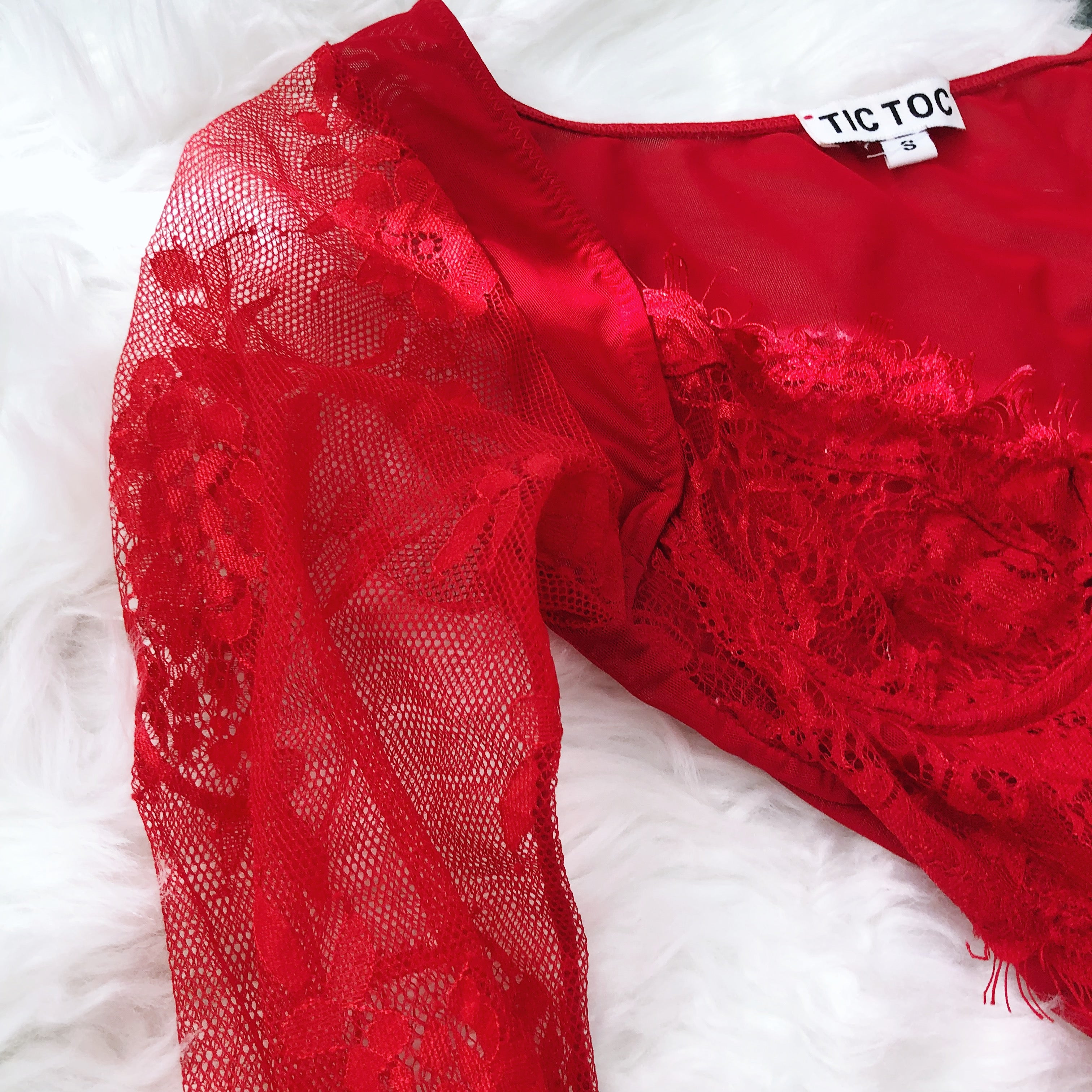 Red Mesh & Floral Lace Long Sleeve Underwire Bodysuit