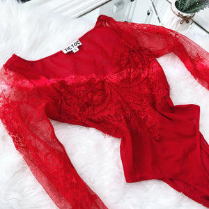 Red Mesh & Floral Lace Long Sleeve Underwire Bodysuit