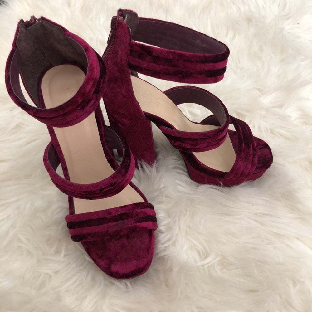 Burgundy Chunky Strap Open Toe Heels