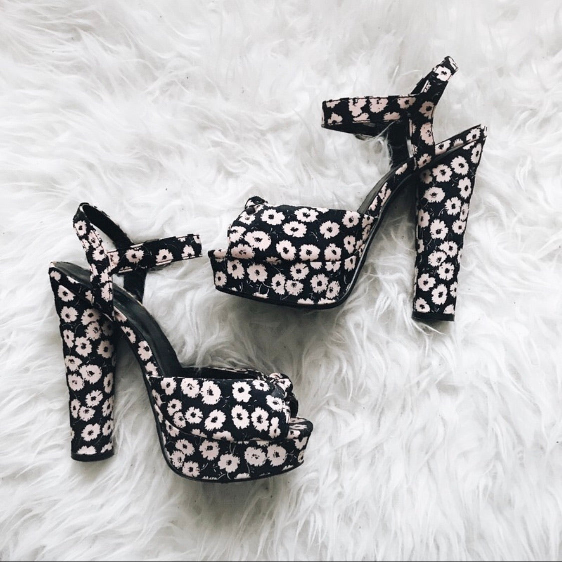 Pastel Pink & Black Floral Peep Toe Heels