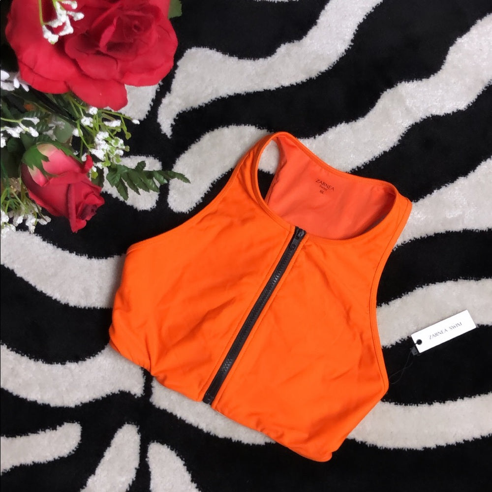 New With Tags Zarnea Orange Half Zip Crop Swim Bali Top