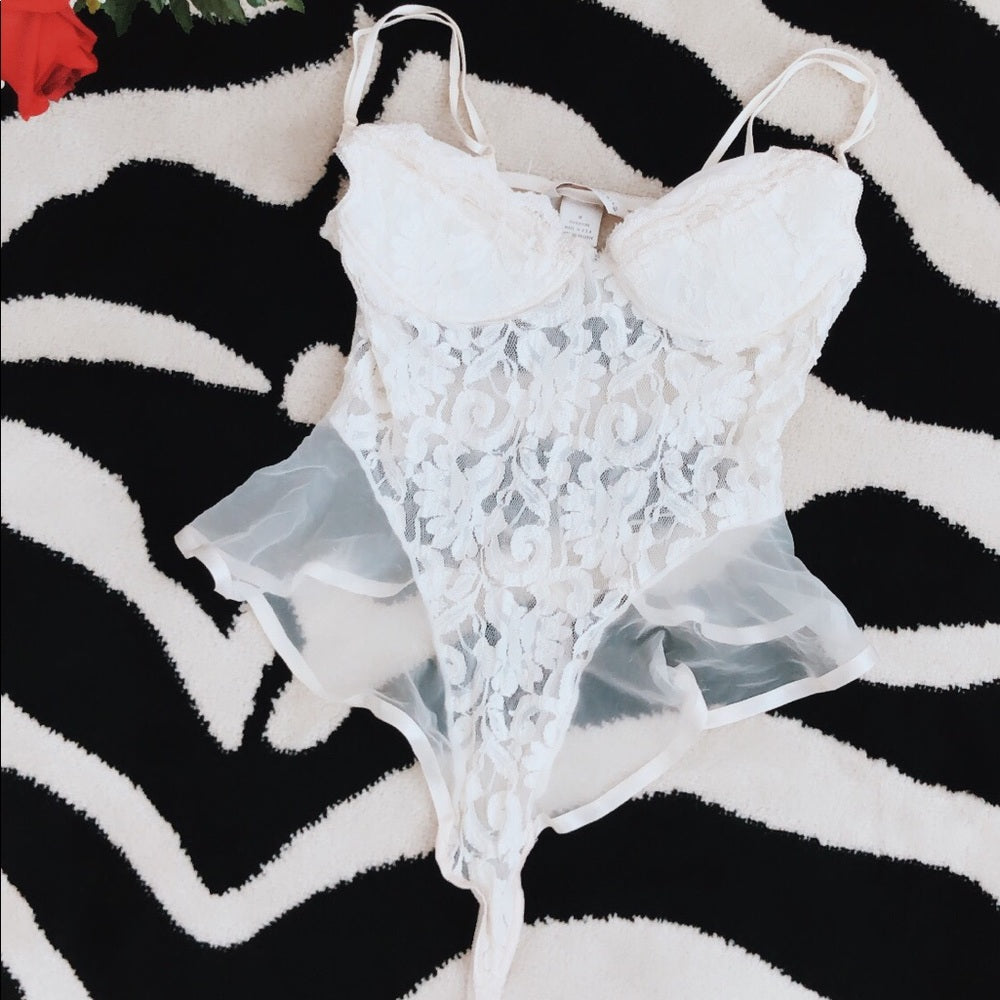 White Vintage Lace High Thigh Lingerie Bodysuit