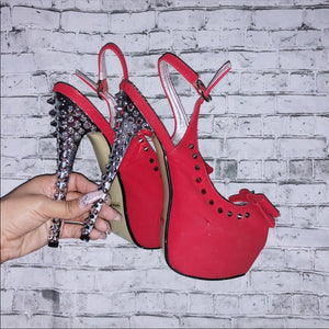 Red & Silver Peep Toe Platform Studded Stilettos