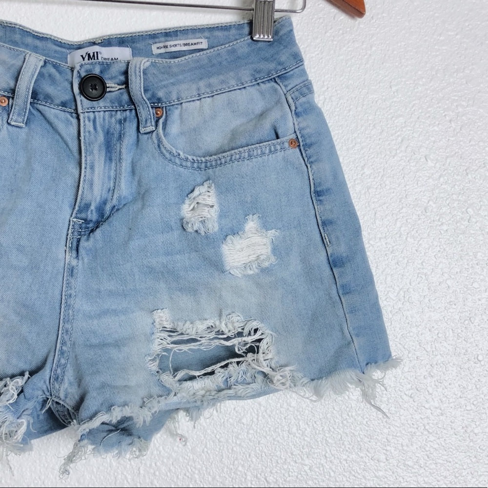 YMI Dream High Rise Blue Denim Distressed Shorts