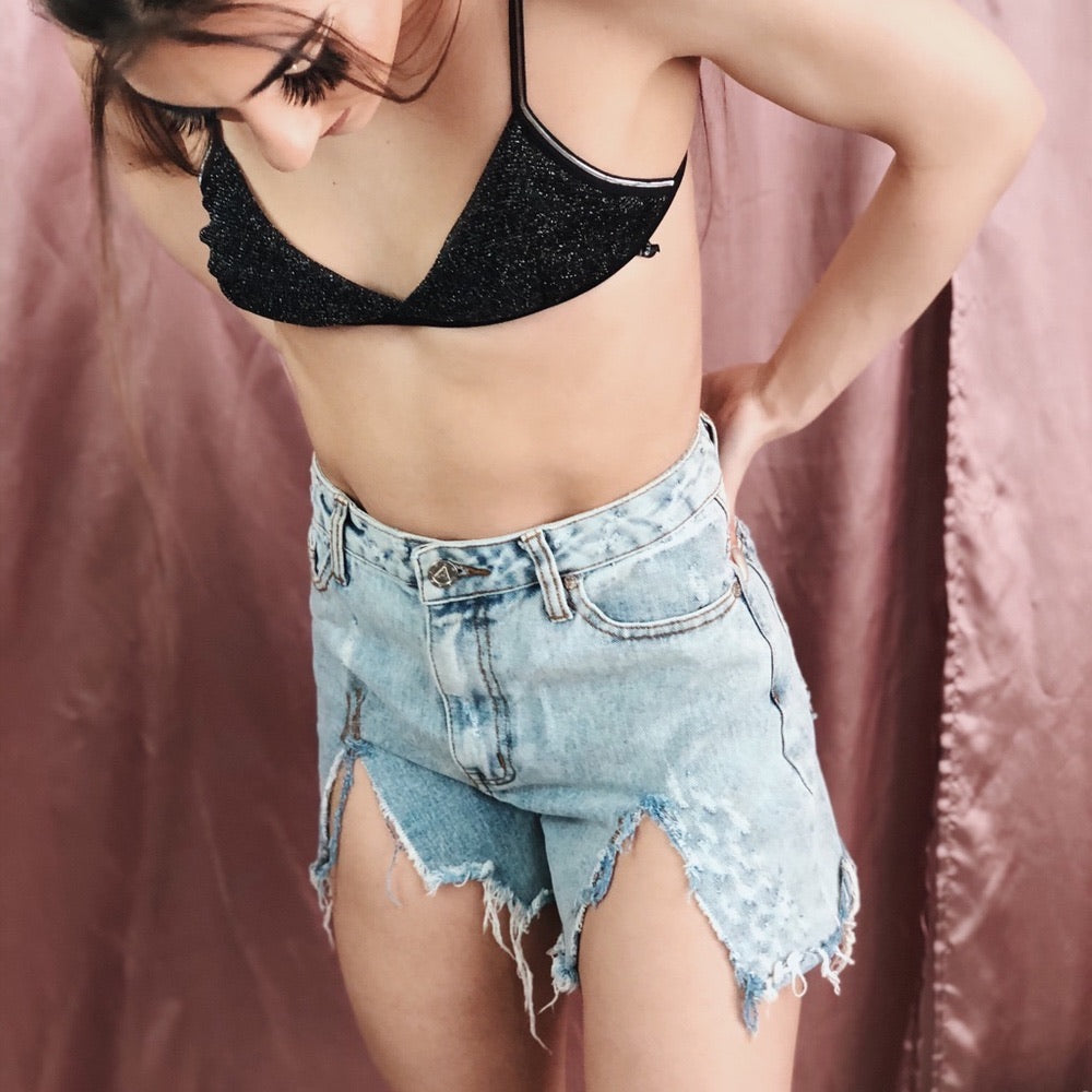 Unif Blue Denim Distressed Highwaisted Jean Shorts