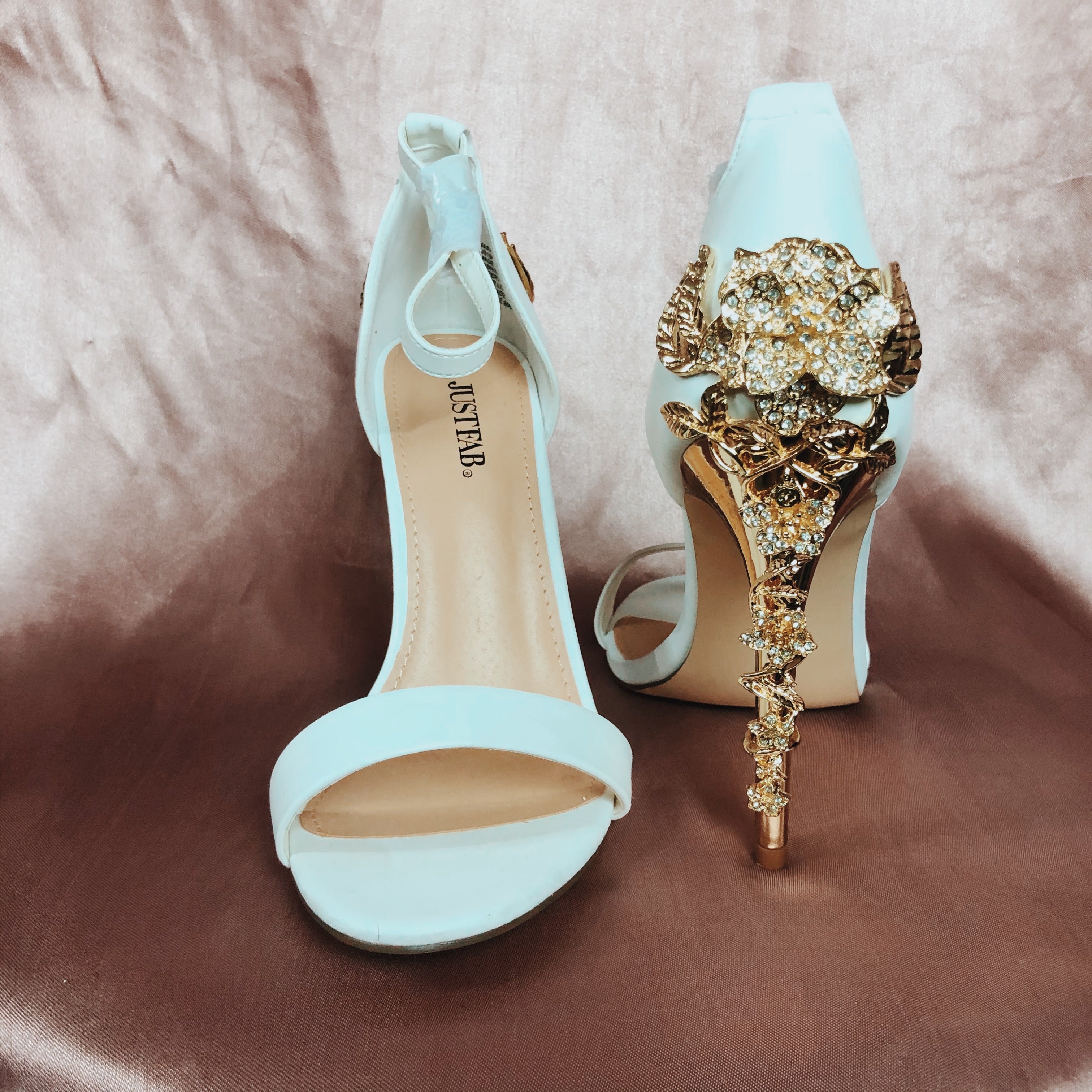 Angel Bayb White & Gold Floral Sandle Strap Heels