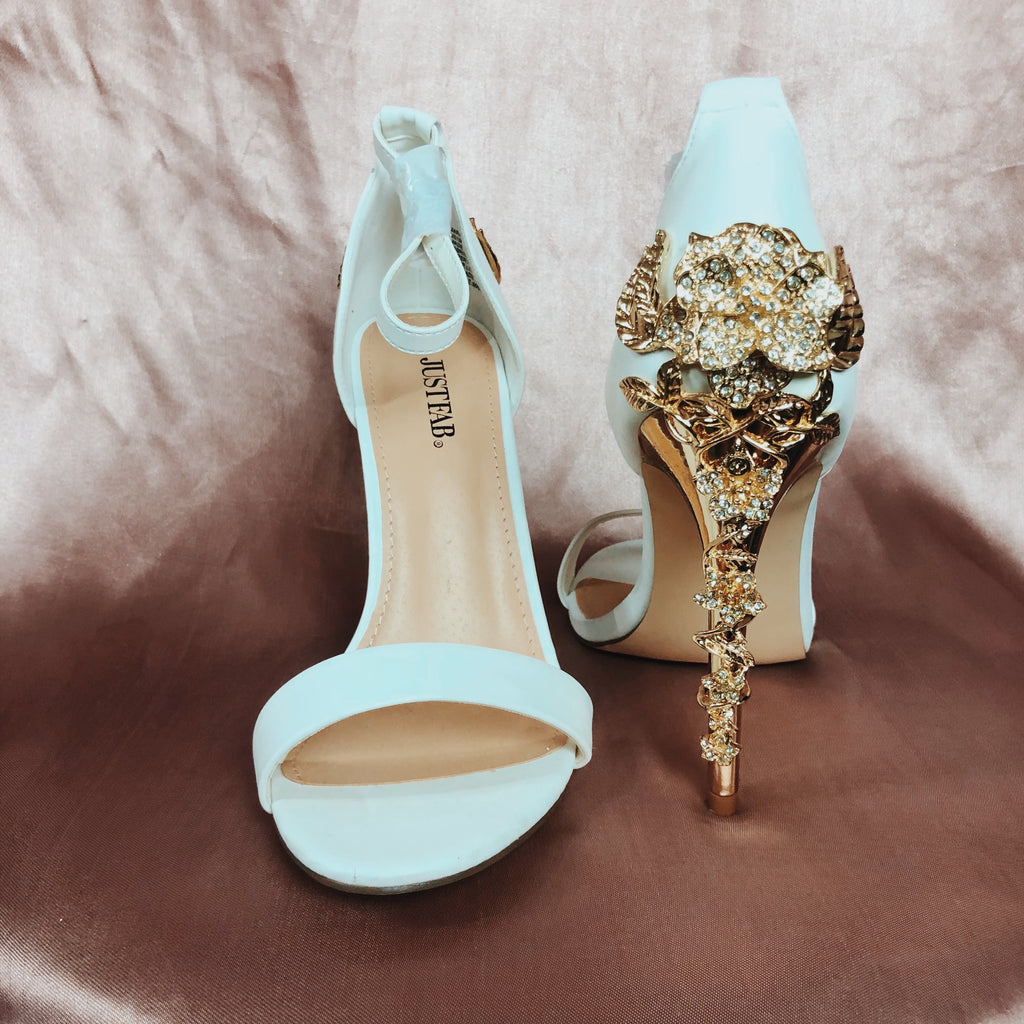 Angel Bayb White & Gold Floral Sandle Strap Heels