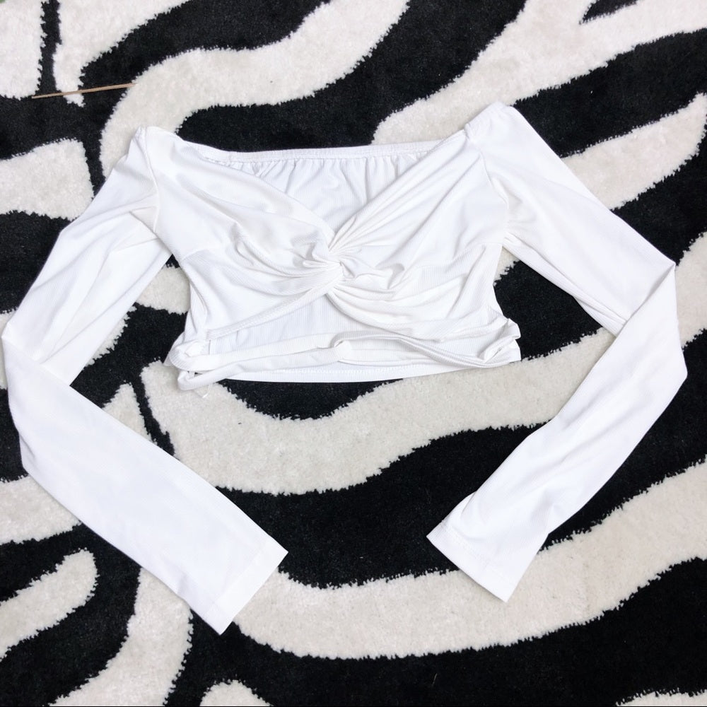 White Long Sleeve Ribbed Stretchy Comfy Crop Top