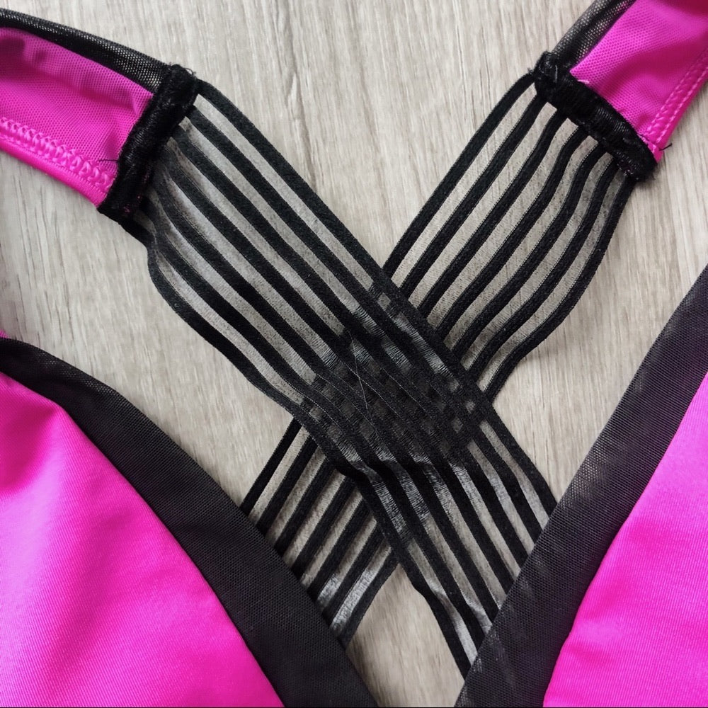 Hot Pink Stretchy and Mesh Padded Sports Bra