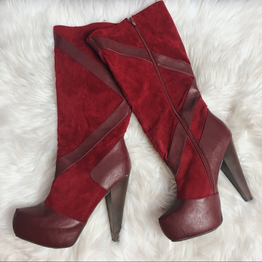 Soft Red Velvet Calf High Heeled Boots