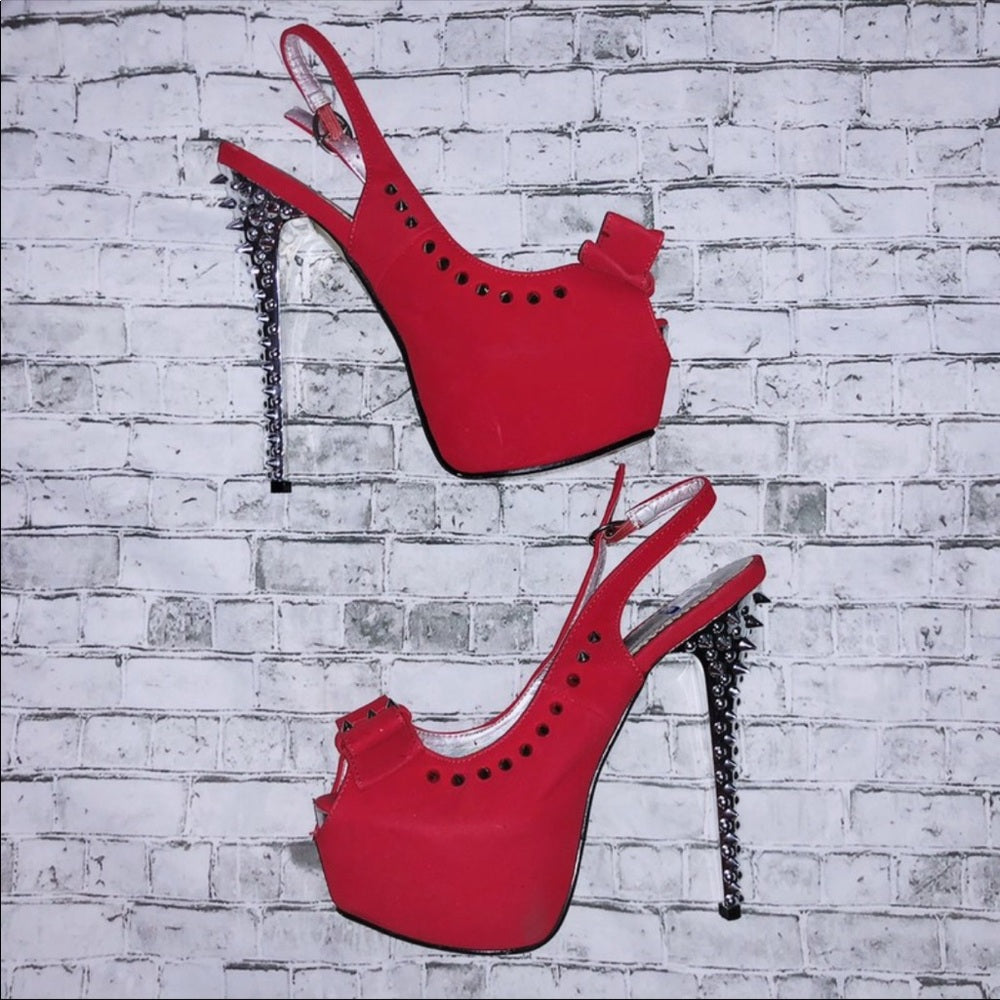 Red & Silver Peep Toe Platform Studded Stilettos