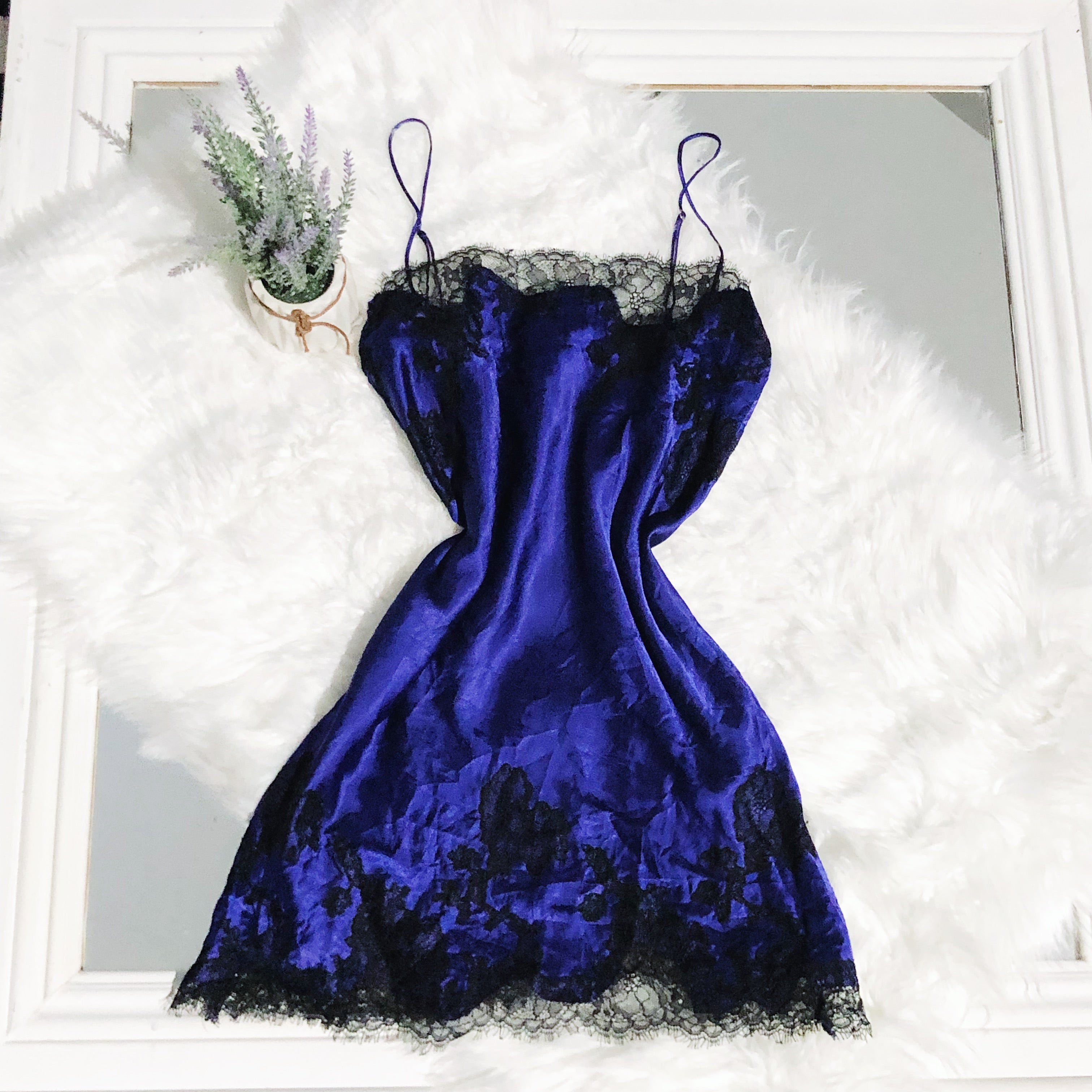 Victoria’s Secret Blueberry And Black Lace Trim Slip Dress