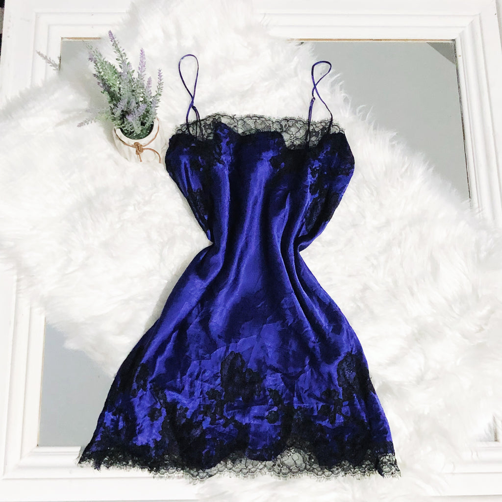 Victoria’s Secret Blueberry And Black Lace Trim Slip Dress