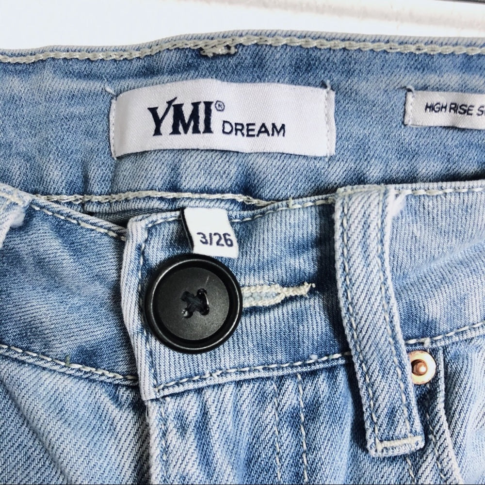 YMI Dream High Rise Blue Denim Distressed Shorts