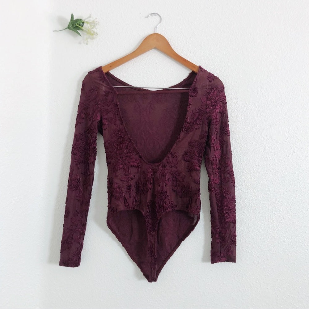 Burgundy Maroon Mesh See-Through Soft Bodysuit