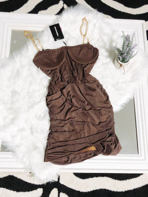 New With Tags Pretty Little Thing Plus Chocolate Corset Chain Strap Bodycon Dress