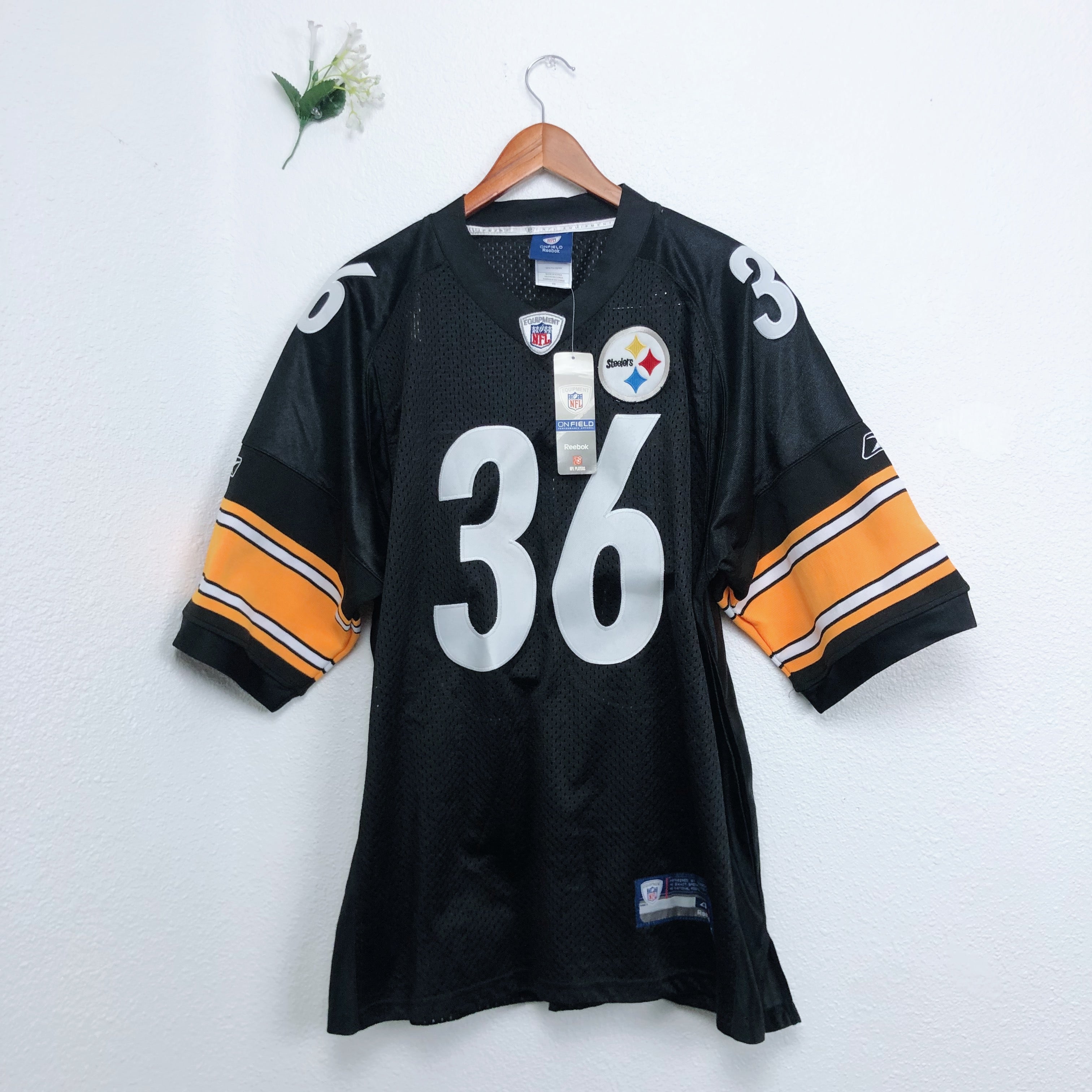 NFL Onfield Reebok Bettis 36 Steelers Black and Yellow Football  Jersey