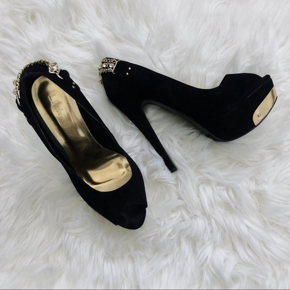 Gold Plated Chained Black Peep Toe Stiletto Heels