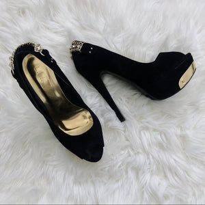 Gold Plated Chained Black Peep Toe Stiletto Heels