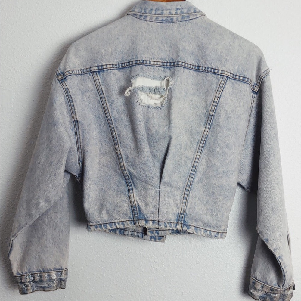 Vintage Light Denim Distressed USA Cropped Jean Jacket