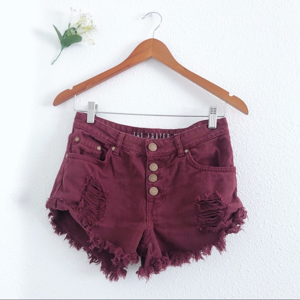 Maroon Frayed Midrise Cotton On Shorts