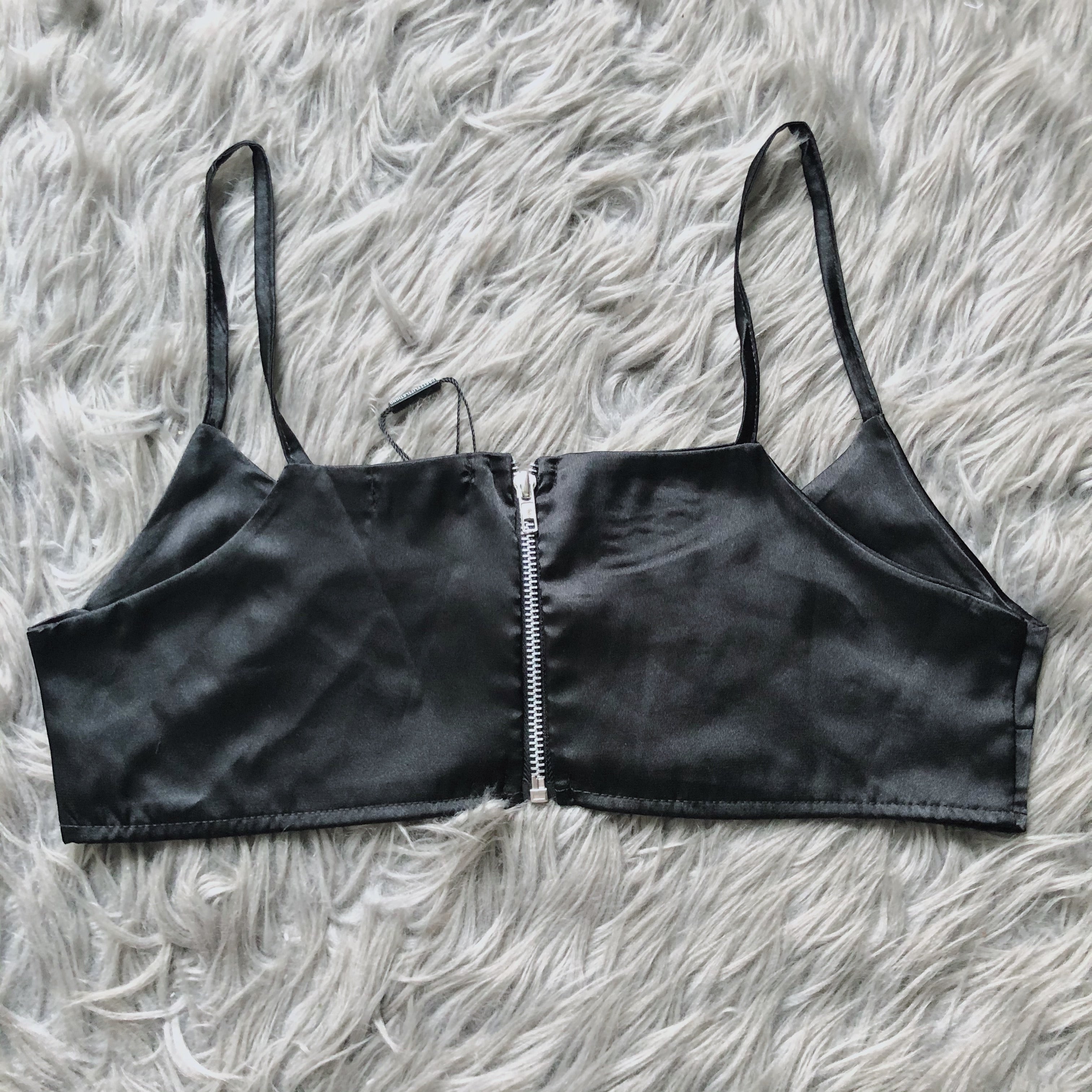 PLT Black Satin Scoop Neck Crop Top