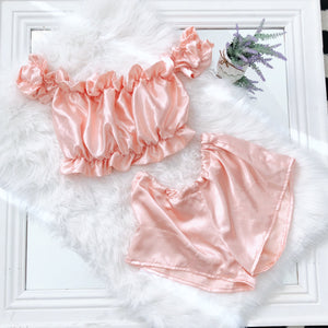 Peach Off The Shoulder Crop Top and Highwaisted Shorts 2 Piece Set