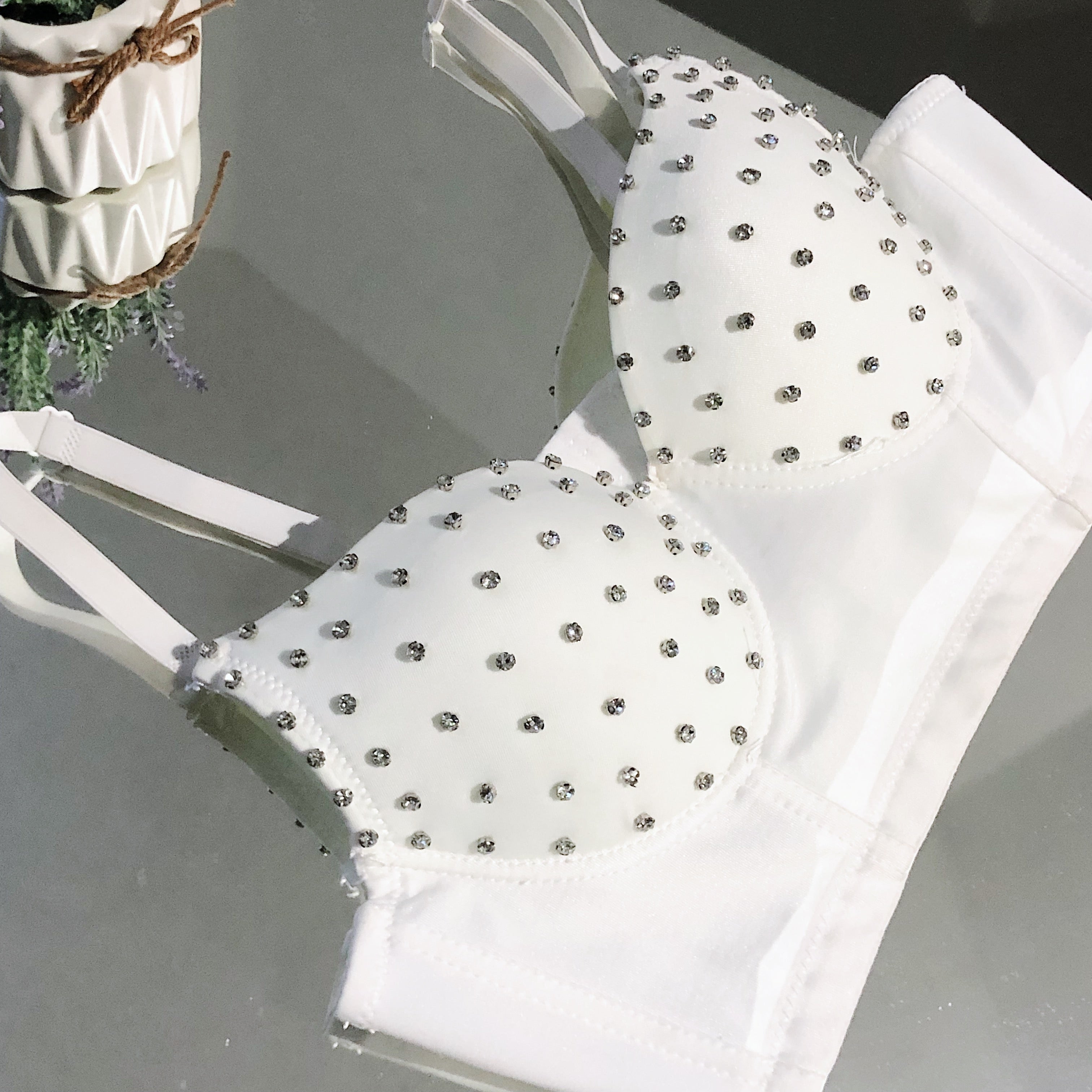 White Silver Gem Rhinestoned Cupped Underwire Bustier