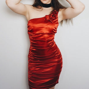 Stretchy Ruched One Strap Red Cocktail Prom Dress