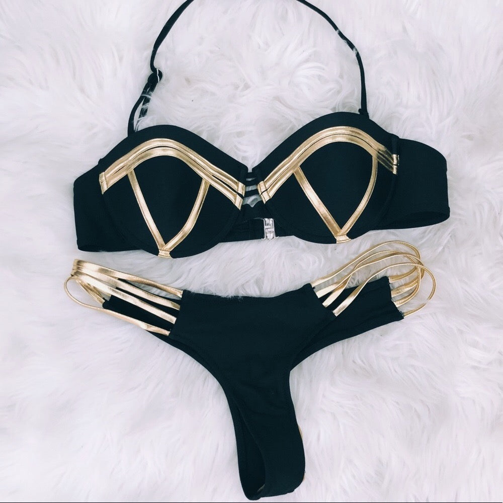 Gold and Black Selena Vibe High Thigh Swimsuit