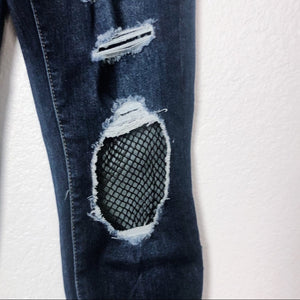 Distressed Dark Denim Fish Net Patched Jeans