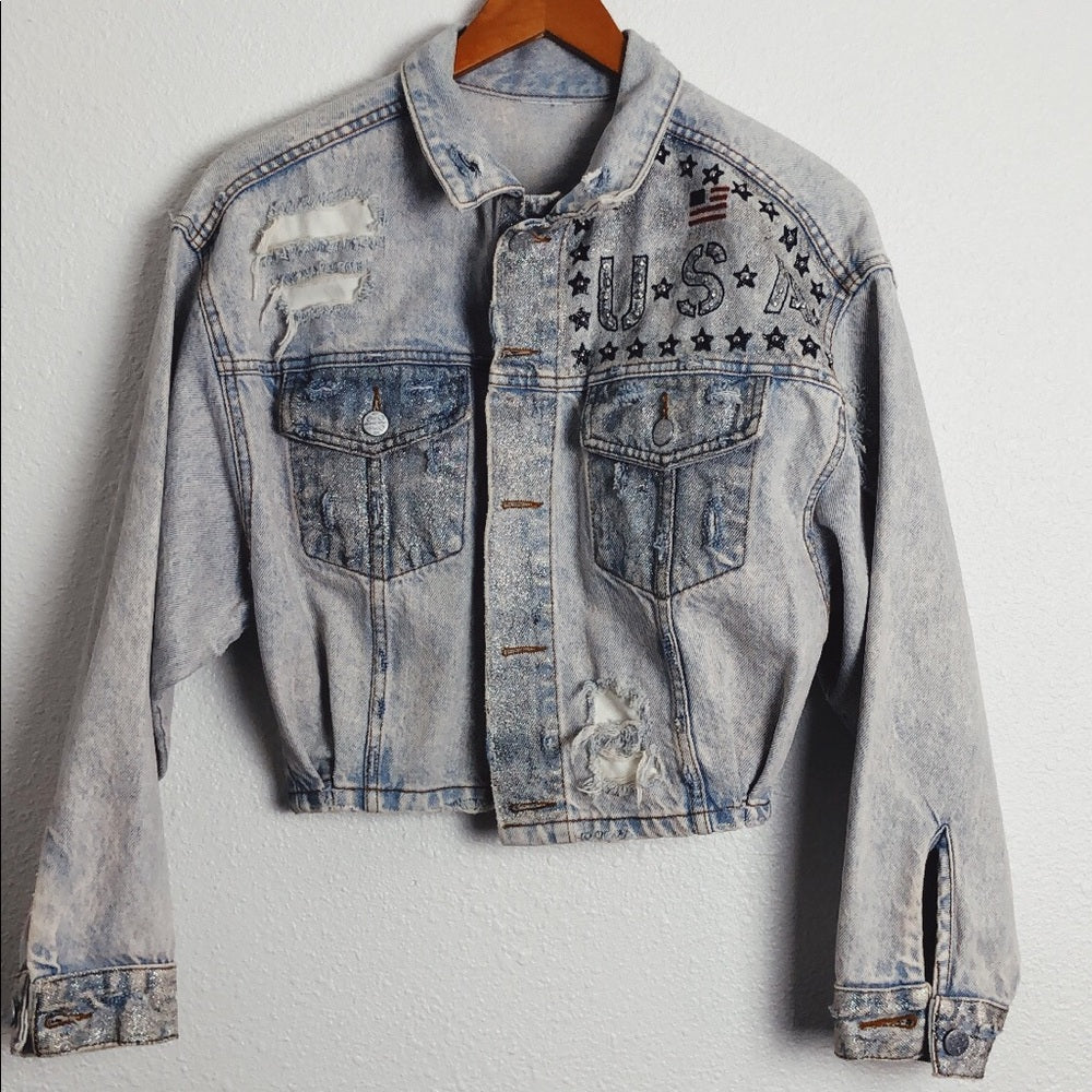 Vintage Light Denim Distressed USA Cropped Jean Jacket