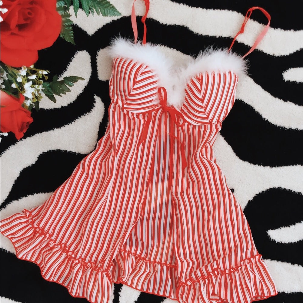 Red & White Christmas Candy Kane Striped Boa Trimmed Babydoll Holiday Slip Dress