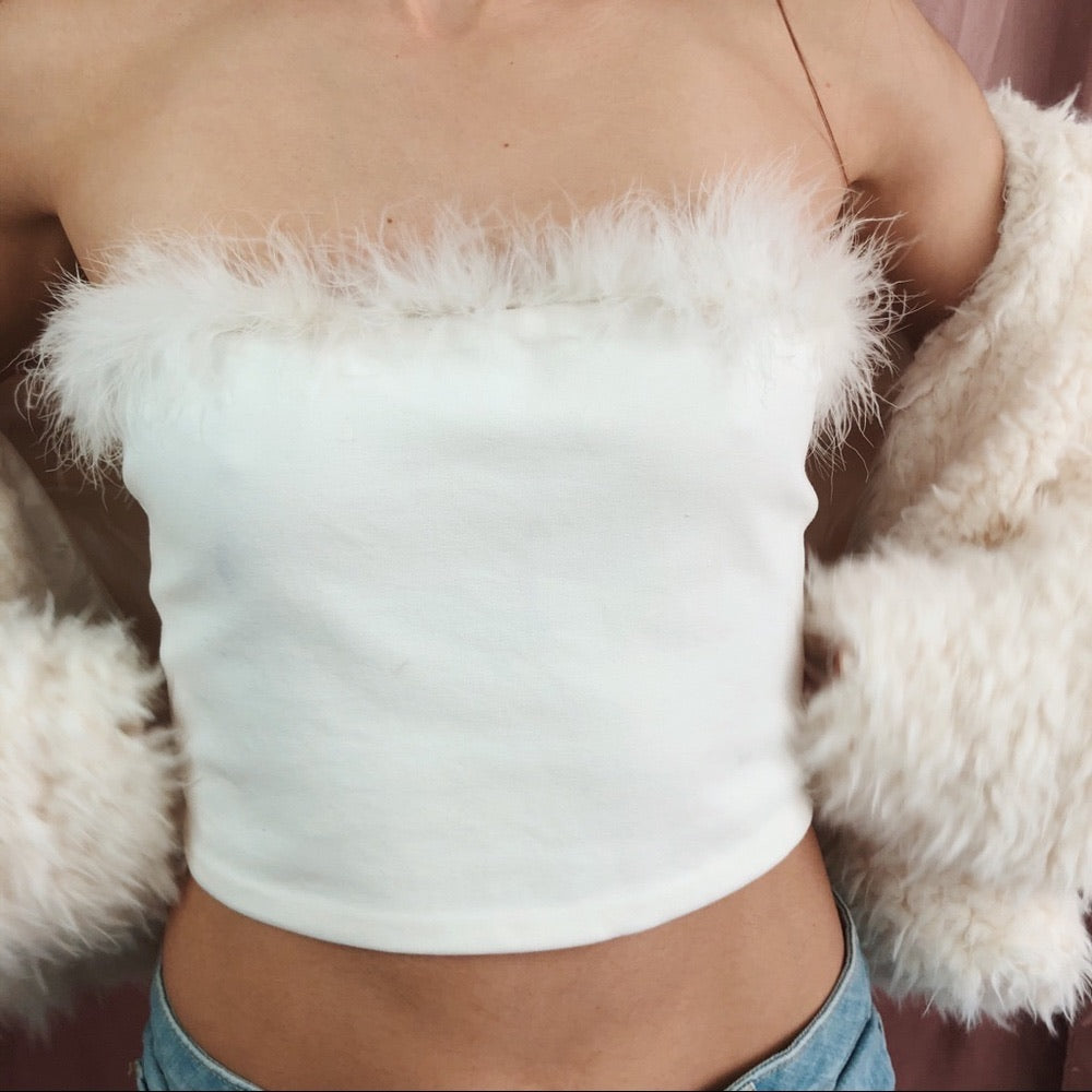 Angel Bayb White Boa Trimmed Strapless Crop Top