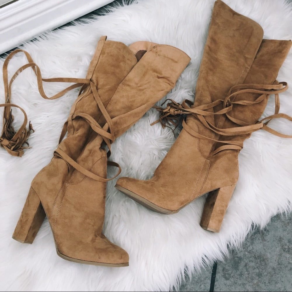 Light Tan Brown Calf High Heeled Boots