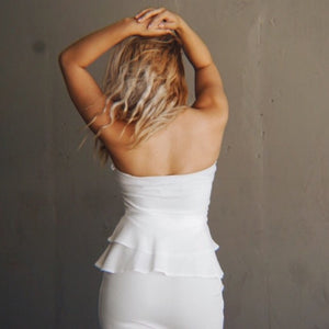 White Strapless Peplum Figure Loving Bodycon Dress