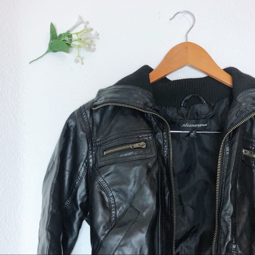 Black Faux Leather Winter Zip Up Jacket