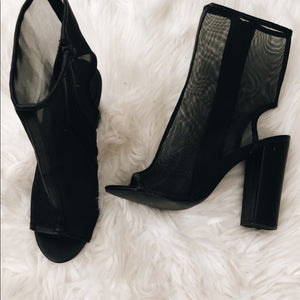 Black Mesh Open Heel and Toe Sandal Heels