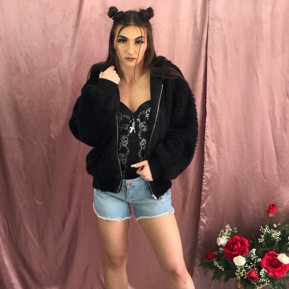 Black Forever 21 Fuzzy Soft Teddy Bear Zip Jacket