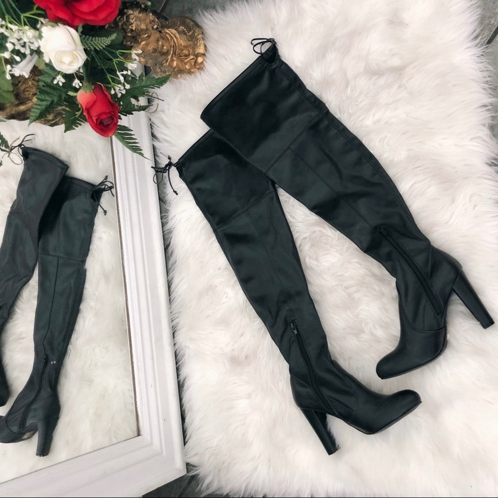 Black Thigh High Drawstring Chunky Heels