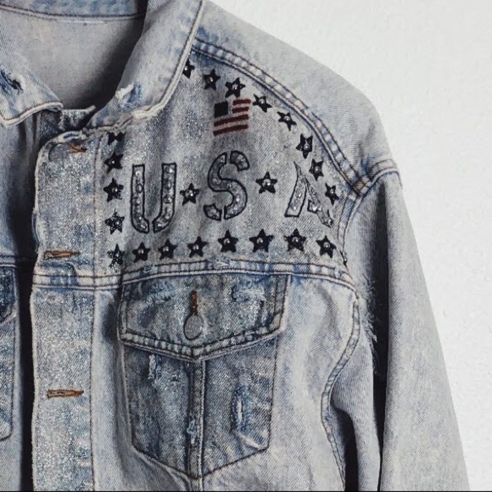 Vintage Light Denim Distressed USA Cropped Jean Jacket