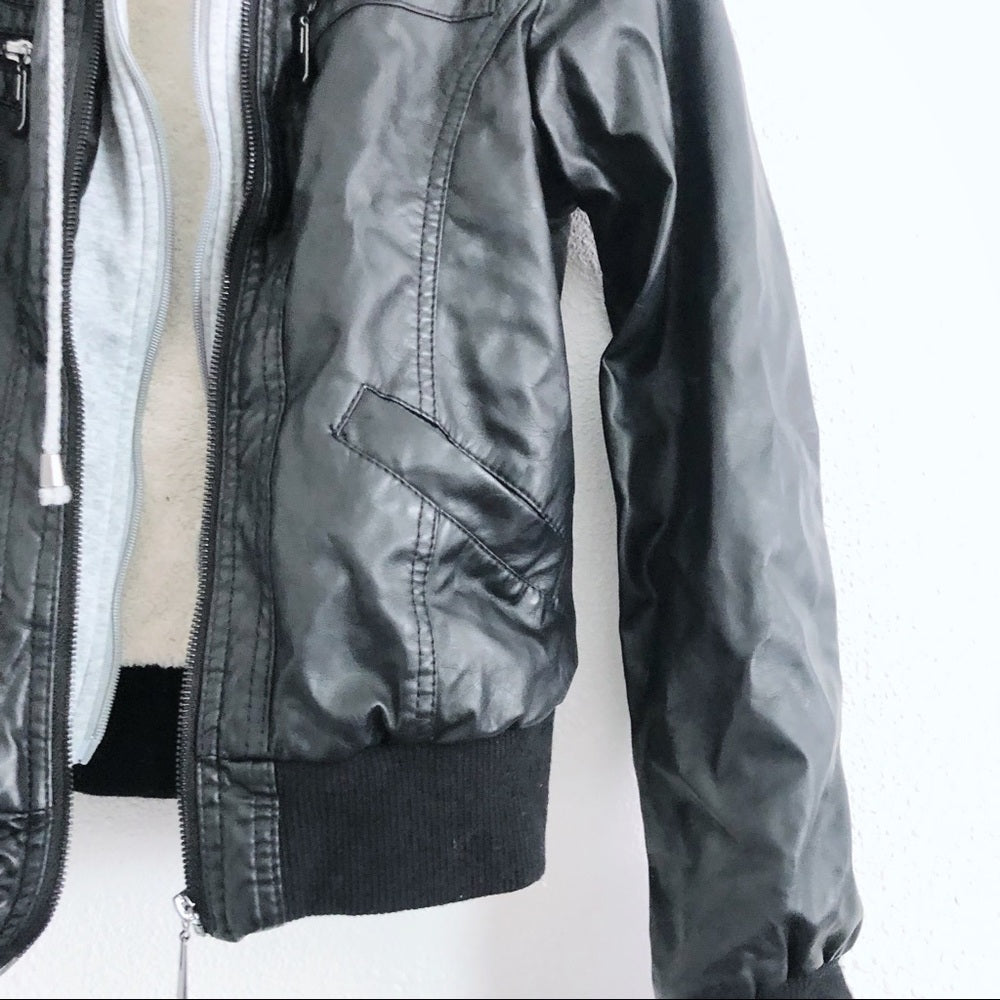 Black and Gray Hooded Faux Leather Zip Up Jacket