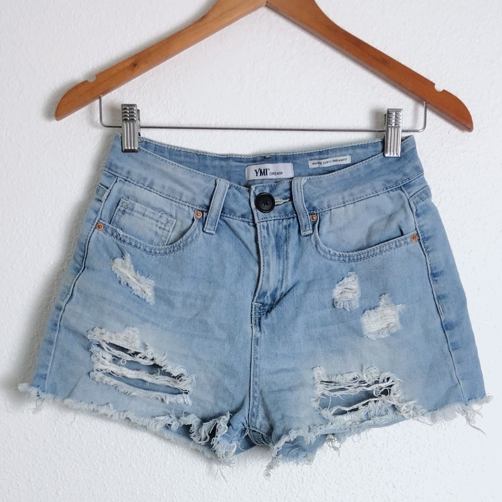 YMI Dream High Rise Blue Denim Distressed Shorts