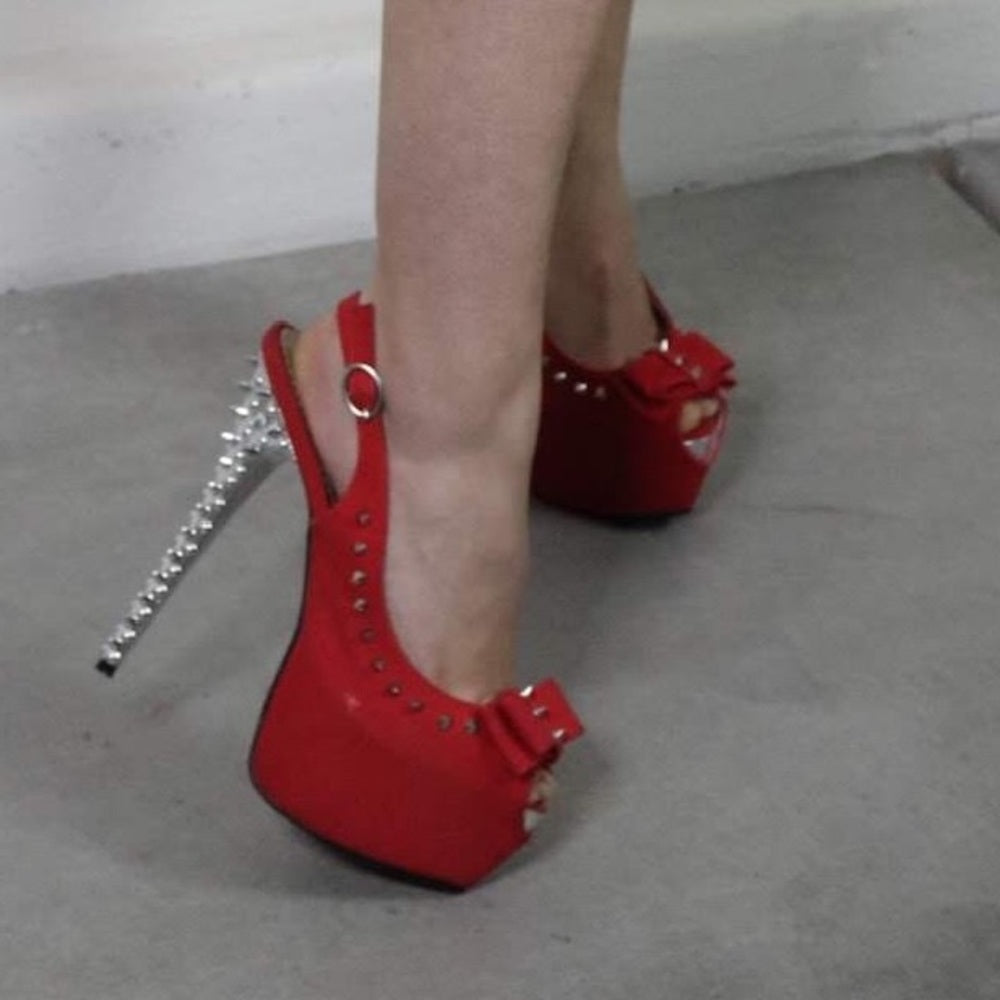 Red & Silver Peep Toe Platform Studded Stilettos