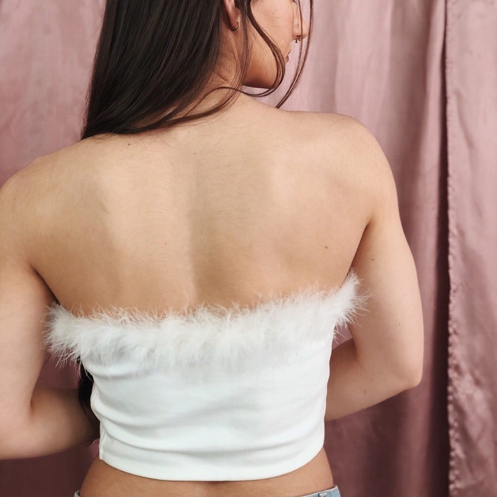 Angel Bayb White Boa Trimmed Strapless Crop Top