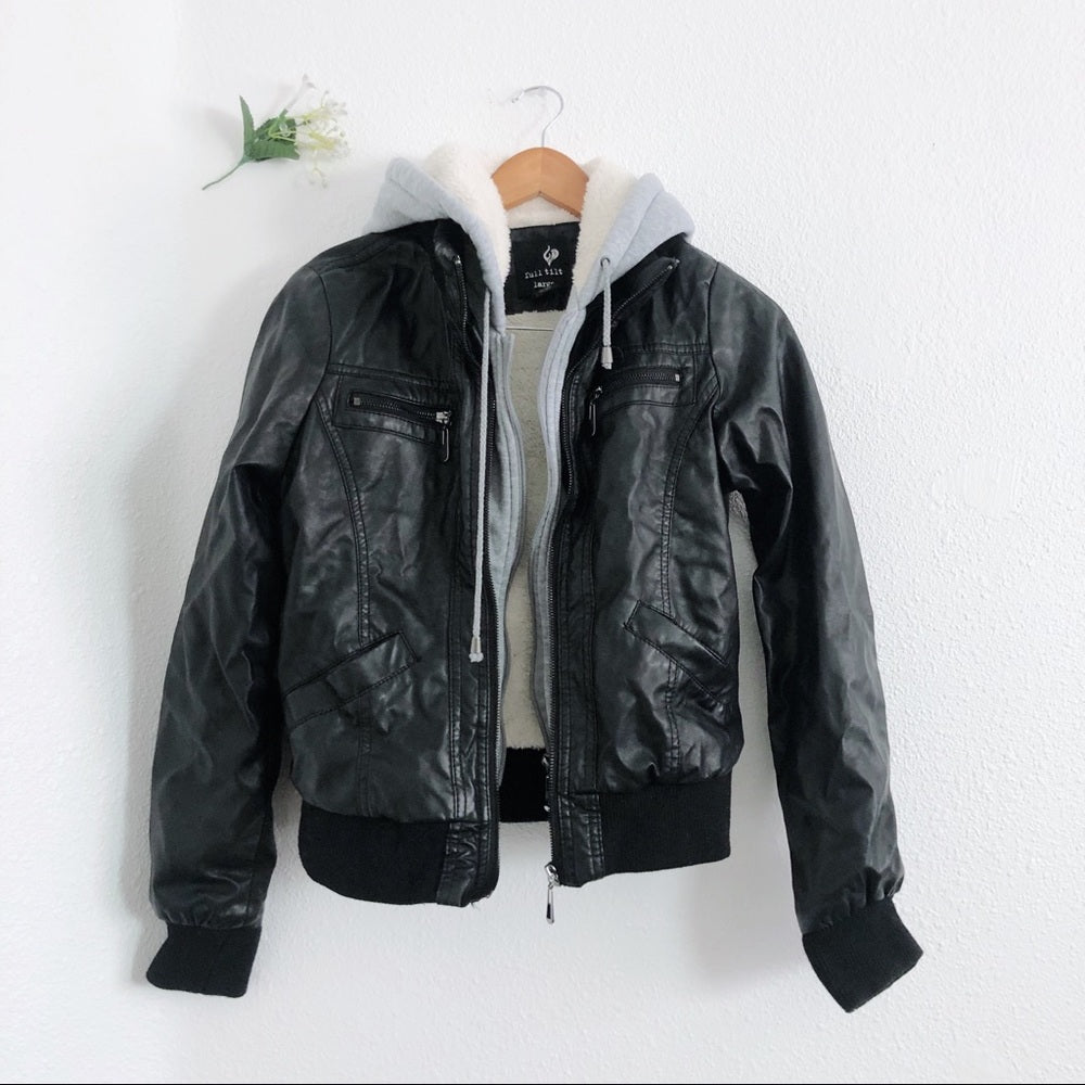 Black and Gray Hooded Faux Leather Zip Up Jacket