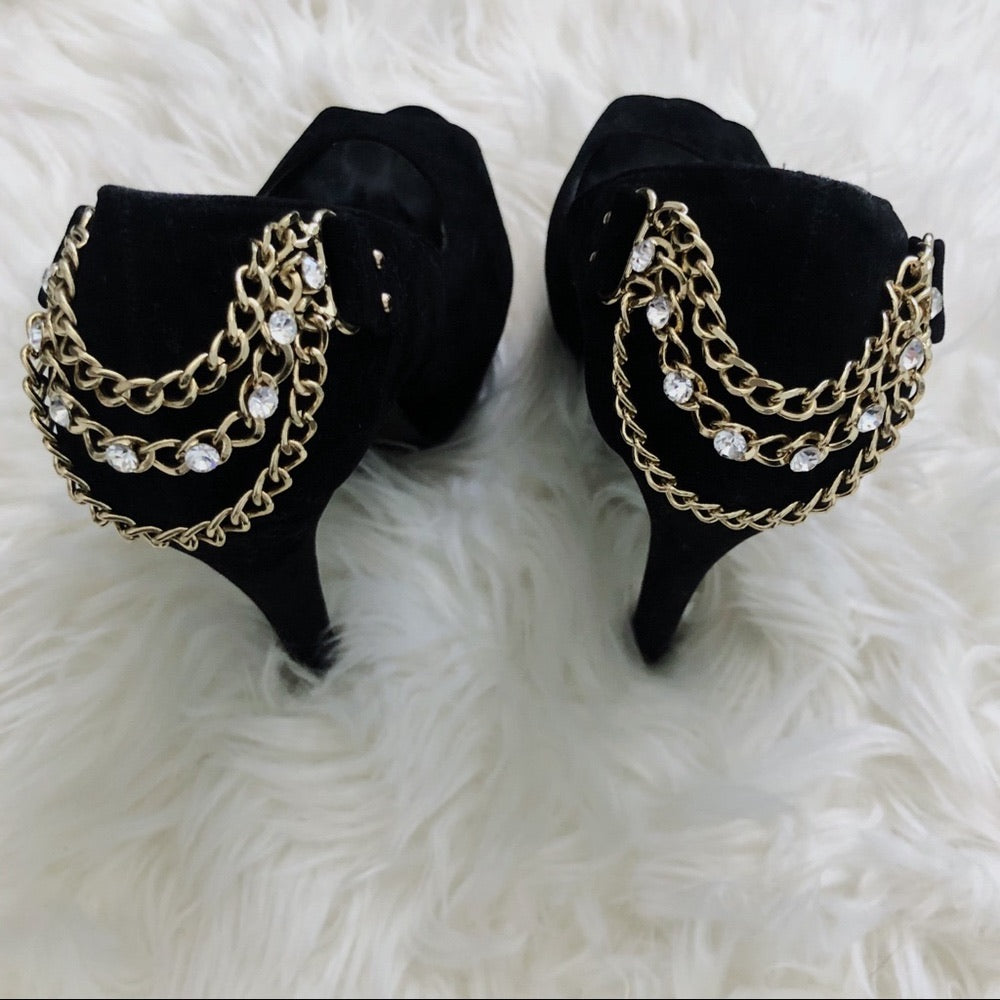 Gold Plated Chained Black Peep Toe Stiletto Heels