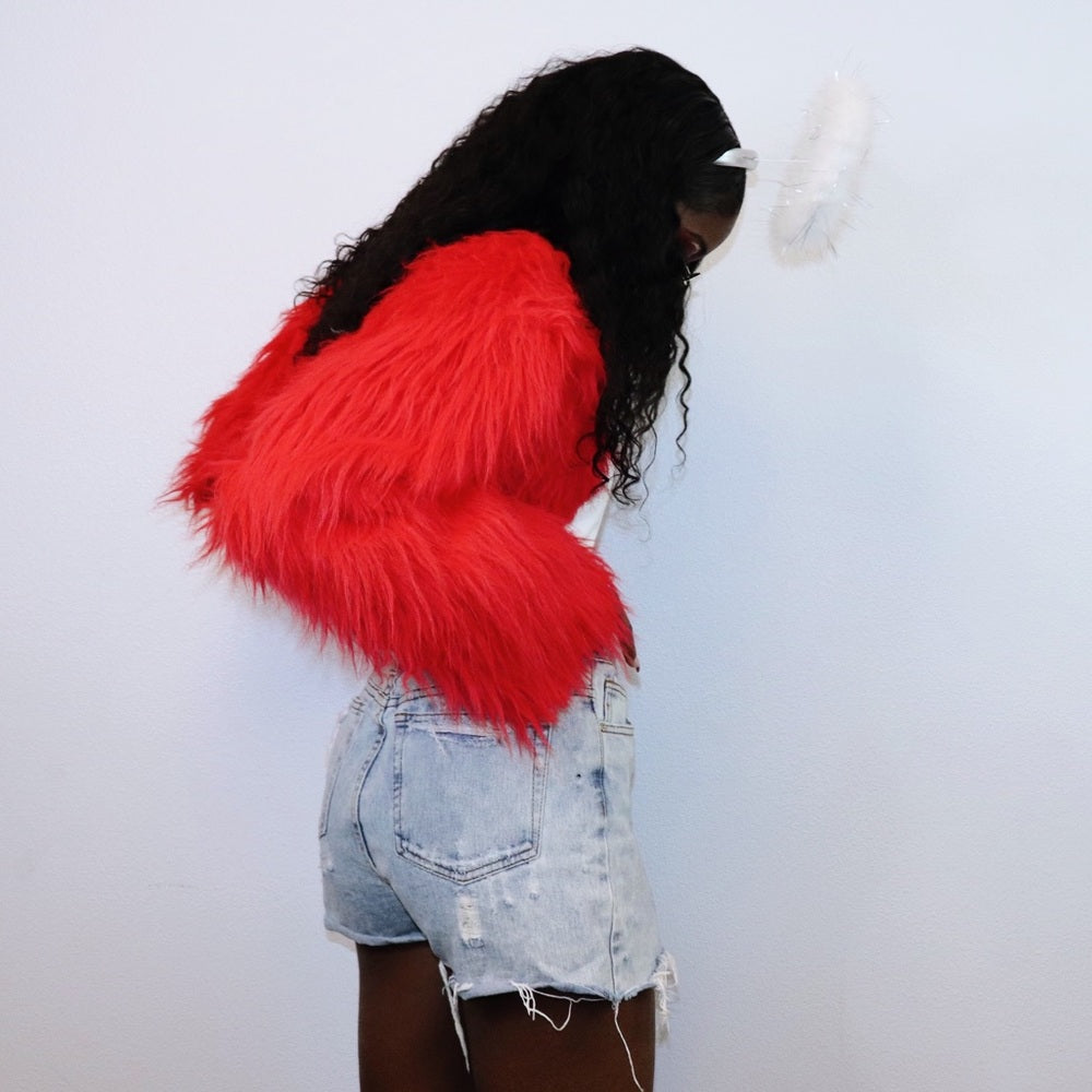 Soft Red Fuzzy Long Sleeve Coat Jacket