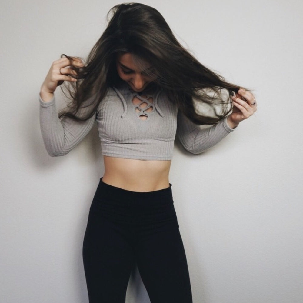 Grey Long Sleeve Lace Up Crop